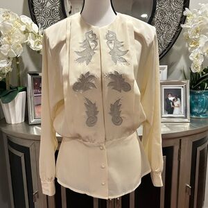 Vintage Cream Long-Sleeve Blouse with Silver Embroidery